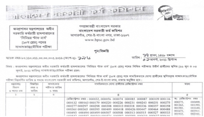 স্থগিত সিনিয়র স্টাফ নার্সের মৌখিক পরীক্ষার সূচি প্রকাশ